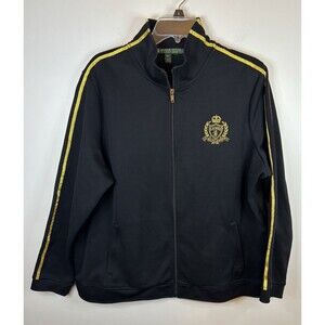 Lauren Active LRL Vintage Black Zip Jacket Gold Trim Women XL Gold Trim Crest